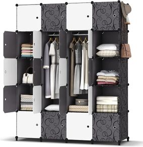 Portable Wardrobe 20 Cube Closet with 3 Clothes Hanging Rails, 14"x18" Deeper Cube Combination Armoire Modular Cabinet Storage Organizer for Bedroom Clothes Shoes Toys, Black & White