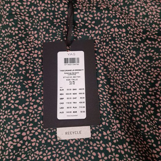 YAS Dark Green Pink Floral Tiered Frill Neck Midi Dress 14UK/42EU