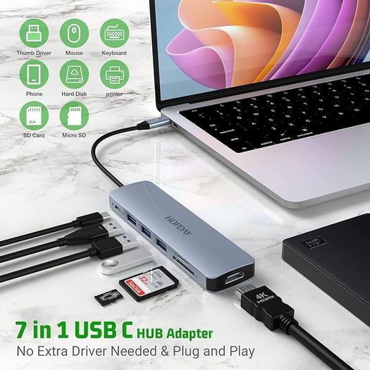 7 in 1 USB C to HDMI HOPDAY USB C Adapter with 4K HDMI, Type C 100W PD, 5Gbps USB 3.0 Data Ports, SD/TF Card Reader, Docking Station for MacBook Air/Pro, iPad, Windows