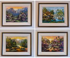 Set of 4 Framed Vietnamese-inspired Canvas Paintings