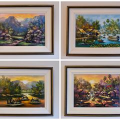 Set of 4 Framed Vietnamese-inspired Canvas Paintings