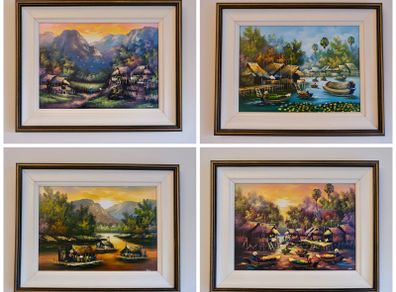 Set of 4 Framed Vietnamese-inspired Canvas Paintings