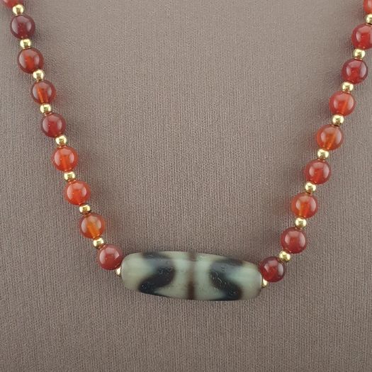 Antique Zigzag Tibetan Agate Pendant With Carnelian Beads Necklace