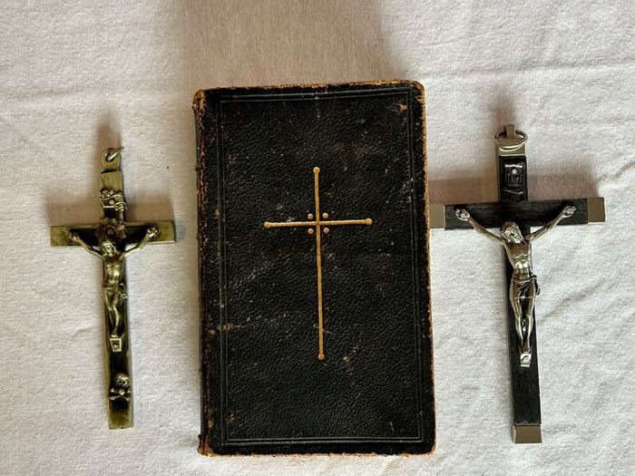 Antique Victorian Religious Lot - 2 Ebony Crucifixes + Book of Common Prayer - Memento Mori Skull Cross c.1890