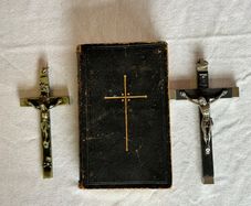 Antique Victorian Religious Lot - 2 Ebony Crucifixes + Book of Common Prayer - Memento Mori Skull Cross c.1890
