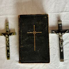 Antique Victorian Religious Lot - 2 Ebony Crucifixes + Book of Common Prayer - Memento Mori Skull Cross c.1890
