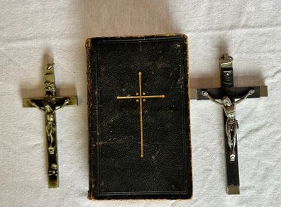 Antique Victorian Religious Lot - 2 Ebony Crucifixes + Book of Common Prayer - Memento Mori Skull Cross c.1890