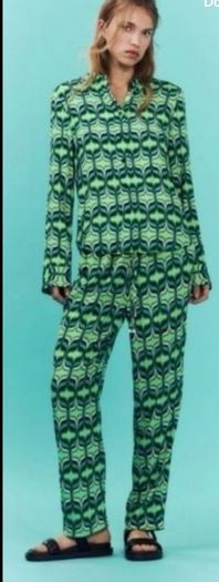 Fab Zara Bloggers Insta Famous Green Printed Co Ord Set Shirt and Wide Leg Trousers