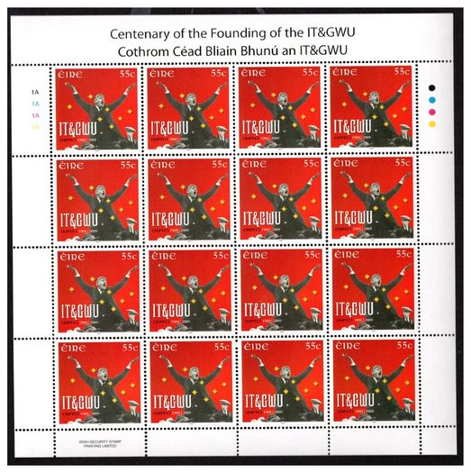 2009 Ireland 100th Anniversary of the Foundation of the Irish Transport and General Workers Union (ITGWU) Stamp Sheetlet Plate 1A1A1A1A Mint Never Hinged (MNH)
