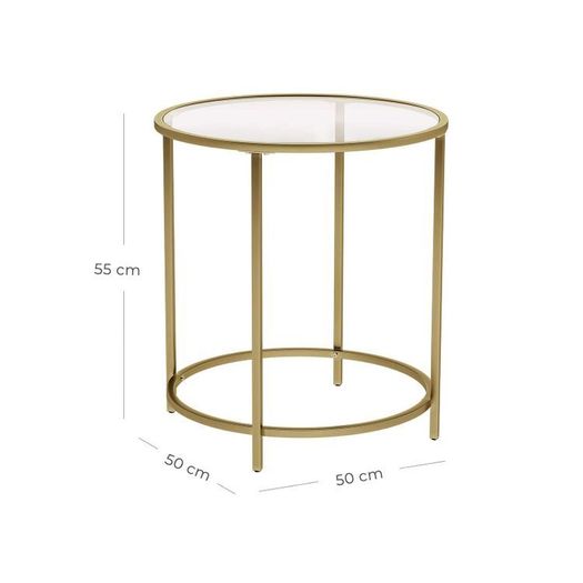 Round side table with glass surface  side table round, glass table with golden metal frame, small coffee table, bedside table, coffee table, balcony, sturdy tempered glass, stable, decorative, gold