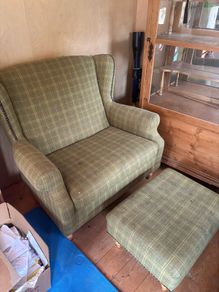 Green tweed style Love Seat Arm Chair & matching poof from Next