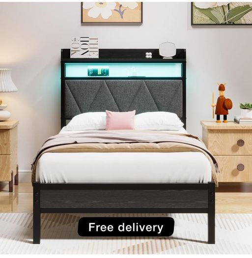 Single Bed Frames with 3ft Upholstered Wooden Two shelf Storage Headboard, Charging Station,LED Lights