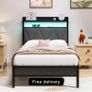 Single Bed Frames with 3ft Upholstered Wooden Two shelf Storage Headboard, Charging Station,LED Lights Image 2
