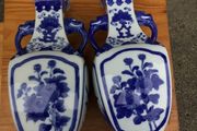 Pair of vintage blue &amp; white porcelain vases with handles