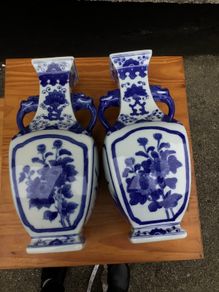 Pair of vintage blue & white porcelain vases with handles