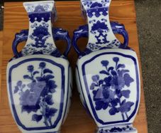 Pair of vintage blue & white porcelain vases with handles