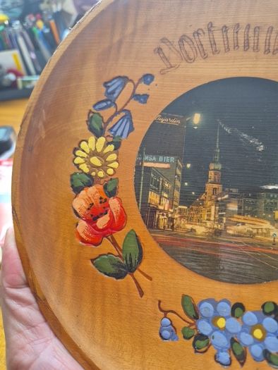 Vintage Wooden Dortmund Hanging Plate | 1960s Hand Painted Wood Burned Plate