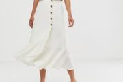Whistles 100% Linen Button Frill Midi Skirt Cream / Ivory - Size 12