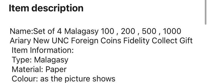 Bank of  madagascar MADAGASIKARA Set of 4 Malagasy 100 , 200 , 500 , 1000 Ariary New UNC Foreign