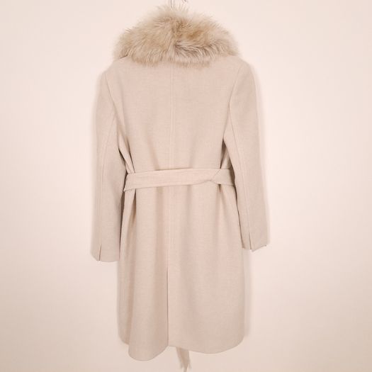Zara Beige Cream Faux Fur Collar Belted Wrap Long Wool Coat Size L
