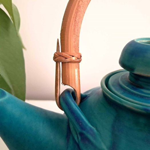 Turquoise Rustic Stoneware - Pottery Teapot With Bamboo Handle
