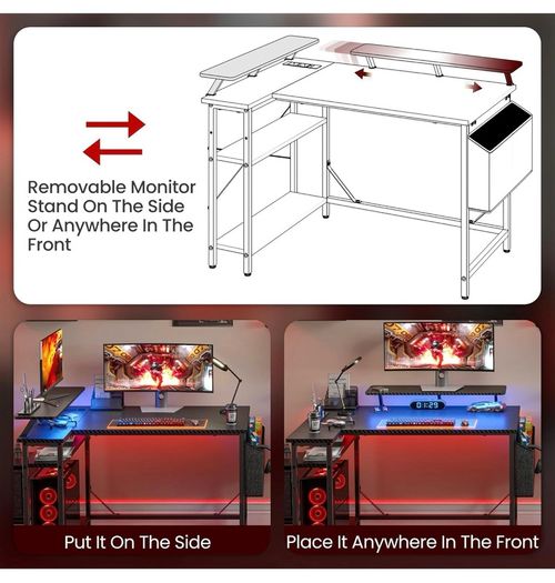 L Shaped Gaming Desk with LED Lights & Power Outlets, 100x80cm