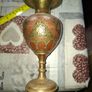 Beautiful Antique Pair of Etched Brass Vase with Red and Floral Enamel Accents Image 4