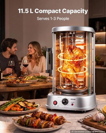 Countertop Vertical Rotating Oven 11.5L Rotisserie Shawarma Machine, 1500W Kebab Grill Roaster with Heat-Resistant Door, Drip Tray, and Timer Control, Kebab Rack with 7 Skewers