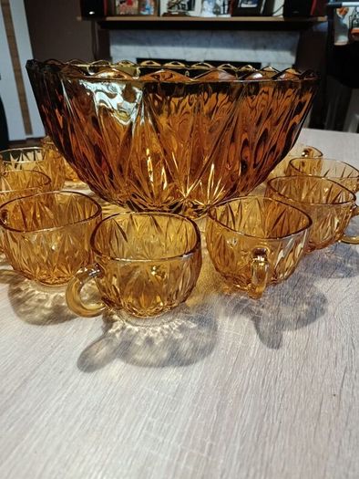 Vintage Amber Glass Punch Bowl Set