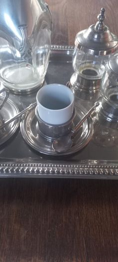 Antique stainless steel and glass French coffee set with tray