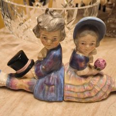 Antique German Porcelain Bookends Boy and Girl Figurines Hand Painted Numbered Pair Ceramic Shelf De