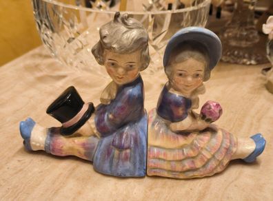 Antique German Porcelain Bookends Boy and Girl Figurines Hand Painted Numbered Pair Ceramic Shelf De