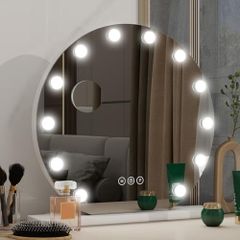 Hollywood Vanity Cosmetic Mirror with Lights, 50cm Round Makeup Mirror, Makeup Mirror with 12 Dimmable LED Bulbs, USB Output Port, 3 Lighting Modes, Tabletop and Wall Mounted For Bedroom