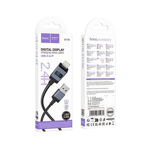 Hoco X118 Generous Charging Cable with Display Lightning Black