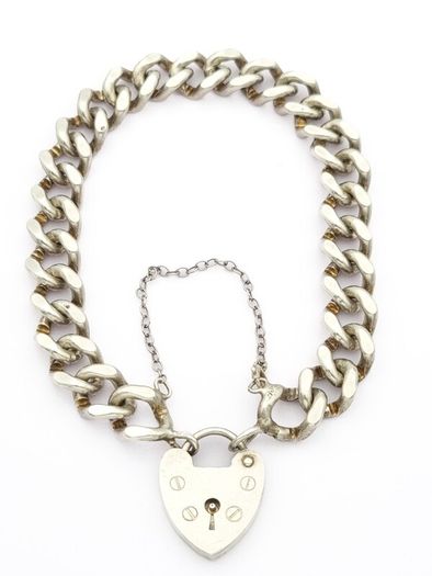 Signed Chunky Curb Chain Heart Padlock 925 Silver Bracelet