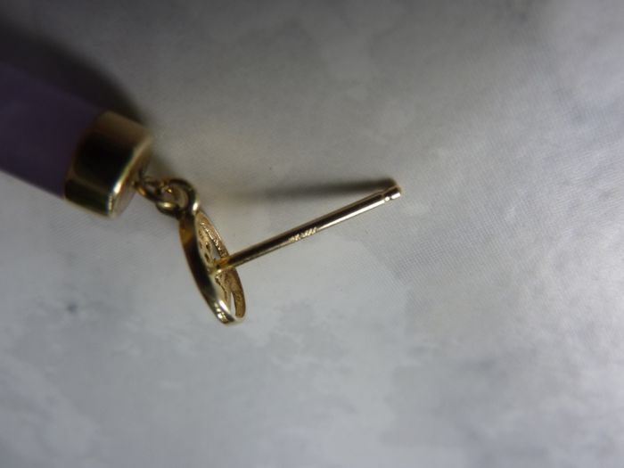 14K Gold Lavender Jade Bar Drop Earrings, Pierced Chinese Character, Sterling Silver Backs