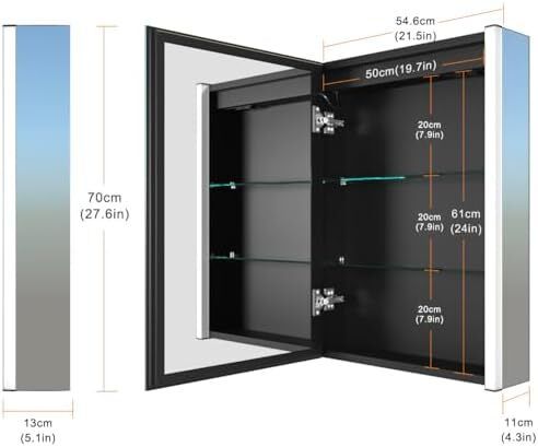 50 x 70 cm LED Lighted Bathroom Medicine Cabinet with Mirror, Defogger, Dimmer, 3 Color Light Makeup Mirror, Easy to Install, Wall Mounted Medicine Cabinet without Socket & USBs