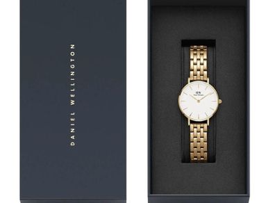 Brand New Daniel Wellington Petite 5-Link Evergold 28mm White Dial Gold Plated Steel Bracelet Watch.