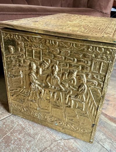 Ornate Brass Fireside Coal Box Embossed Tavern Scene