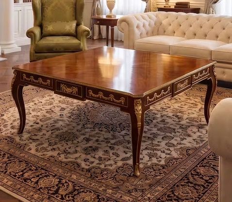 Nice large coffee table with inlaid top and brass ormolu