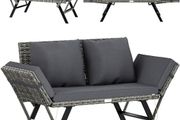 Garden Bench Polyrattan with Reclining Function, Weatherproof Cushion, Adjustable Armrests, 3-Seater
