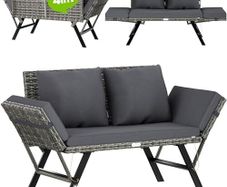 Garden Bench Polyrattan with Reclining Function, Weatherproof Cushion, Adjustable Armrests, 3-Seater