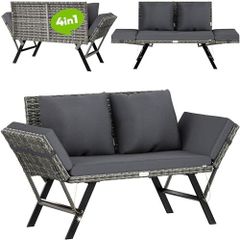 Garden Bench Polyrattan with Reclining Function, Weatherproof Cushion, Adjustable Armrests, 3-Seater