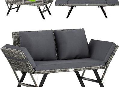 Garden Bench Polyrattan with Reclining Function, Weatherproof Cushion, Adjustable Armrests, 3-Seater