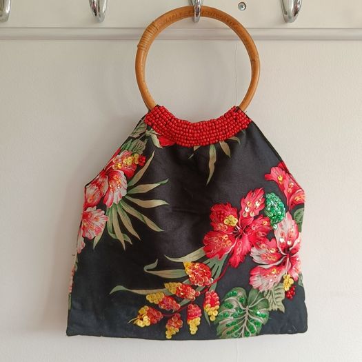 Floral Beaded Handbag with Bamboo Handles - Black, Red & Green