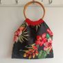 Floral Beaded Handbag with Bamboo Handles - Black, Red & Green Image 2