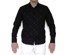 NEW River Island Black Shirt w/ Brown Stitched Criss-Cross/Crosshatch Pattern - Size M