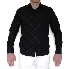 NEW River Island Black Shirt w/ Brown Stitched Criss-Cross/Crosshatch Pattern - Size M