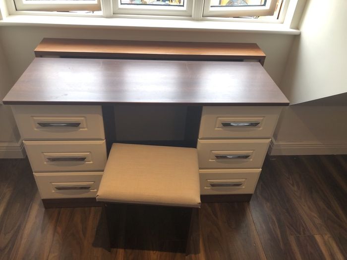 Cream and walnut vanity dresser with mirror