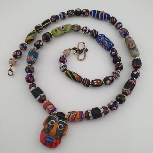 Antique Venetian Style MultiColor Mix Glass & Old Face Glass Pendant Necklace